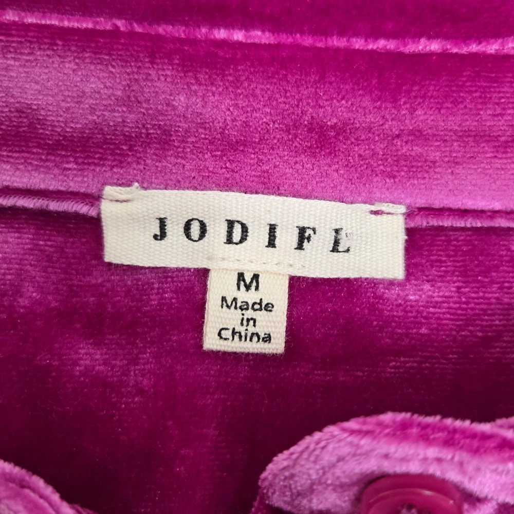 JODIFL Women's Medium Fuchsia Velvet Button Down Shirt Long Sleeve Collared Glam - Picture 3 of 4
